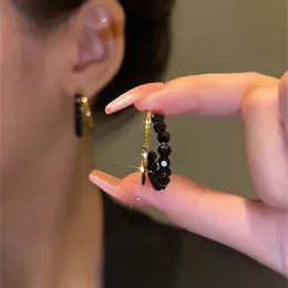 Nueva tendencia de moda, diseño único, pendientes elegantes y delicados de circonita negra de doble capa con pasador redondo de oro amarillo de 14k, joyería para mujer, regalos premium para fiestas