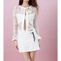 Work Dresses Women's White Skirt Sets Vintage Long Sleeve Lace T-shirt And A-Line Mini 90s Y2k Korean Elegant Suit 2000s Clothes 2024