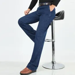 Jeans masculinos homens colorfast denim cintura alta perna larga formal estilo de negócios calças com elástico ajuste botão-fecho de zíper