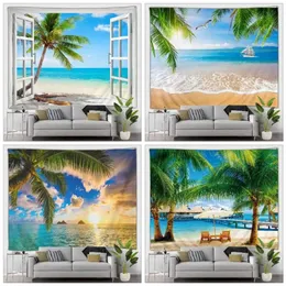 Hawaii Beach Scenery Tapestry Cartoon Santa Ocean Sea Palm Tree Sailboat Autumn Winter Forest Landscape Wall Hanging Home Decor 240113