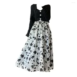 Vestidos casuais outono vestido macio leve tecido floral impressão v pescoço midi para mulheres a linha solta hem patchwork botão decoração