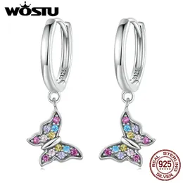 Wostu Real 925 Sterling Silver Multi Color Zircon Butterfly Hoop Earrings Women Charm Double Drop EarringS925 Wedding Jewelry 240113