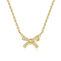 Trending Shiny Yellow Gold Bow Necklace For Women Pass Diamond Test Female Jewelry Luxury Gift Good Quality 240112