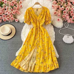 Rüschen Vintage Boho 2022 V Hals Sommer Blumendruck Langer Kleiderparty Frauen High Taille Kleid Strand Urlaub Tunika Kleid Y220413