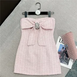 Summer Chic Dress for Women Sweet Rhinestone Bow Sexy Woven Tweed Strapless Dresses Lady Party Outfits Vestidos 240112