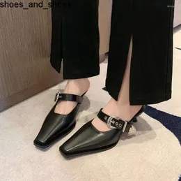 Dress Shoes Pointed Toe Medium Heel Sandals Summer Shallow Mouth Half-cap Slippers Thick Women's Zapatillas De Mujer Tacon