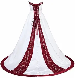 Nakış Beyaz ve Kırmızı Düğün Elbisesi Straplez A Hat Saten Uzun Gelin Elbise Korse Dantel Up Plus Boyut Gelin Elbiseler Vintage Robe De Mariee 2024