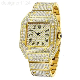 Missfox Hot Sprzedaż Gold Rome High-end Hip Hip Full Diamond Square Men Watch Fashion Quartz Moissanite Watch