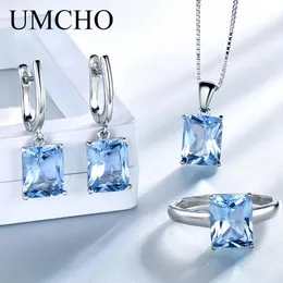Naszyjniki Umcho prawdziwa szterling sier biżuteria stworzona niebo niebieskie pierścionki topazowe kolczyki naszyjniki
