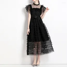 Casual Dresses Fashion Black Lace Women Sheer Neck A Line Tiered Skirt Special Occasion Dress Evening Formal Gown Cocktail Clubwear