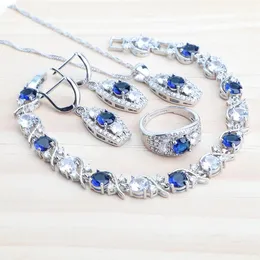 Necklaces Women Sier Jewelry Sets Round Blue Zircon Stones Earrings Rings Pendant Bridal Necklace Bracelets Wedding Set Jewerly