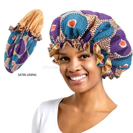 Donne Night Sleep Cap africano Modello africano Ankara Stampa cofano in goccia in raso morbido Extra largo Extra Wear Ladies Headwrap Hair Care Cappello
