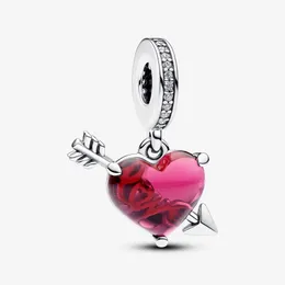 925 Sterling Silver Red Heart Arrow Murano Glass Dangle Charms Fit Original Europeisk charmarmband Fashion Women Wedding Jewelry Accessories