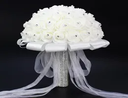 2016 New Crystal White Bridal Wedding Bouquets 구슬 신부를 잡는 꽃 손으로 만든 인공 꽃 장미 신부 들러리 194745209