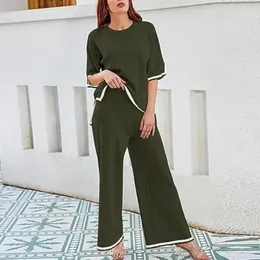 Pantaloni a due pezzi da donna Vestito casual a due pezzi Maglia tinta unita femminile Chic Comodo set da salotto T-shirt con o-collo a vita alta