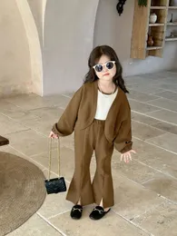 2024 Spring Girls Clothes Set Kids Bottoming Tank Top Long Sleeve Cardigan Split Flare Pants 3st Lady Style Children Outfits Z6692