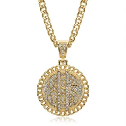 Hip Hop Iced Out Dollar Signs Pendant Male Golden Color 14k Yellow Gold Cuban Chain Necklace For Men smycken hög kvalitet