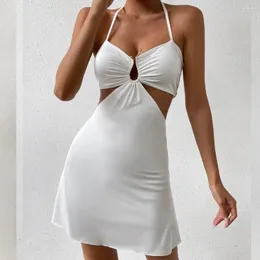 Vestidos casuais fairyshely sexy verão oco para fora vestido de volta 2024 branco halter parte curta para mulheres noite clubwear mini