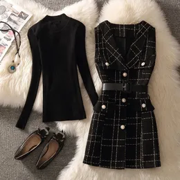 Vintage MidLength 75cm Plaid Tweed Vest Jacket Women 2 Piece Set Elegant Pearl Button Belted Unlined Waistcoat And Knit Sweater 240113