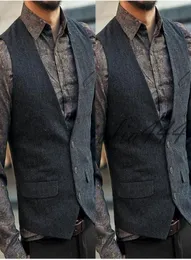 2019 Dark Gray Wool Hingringbone Tweed Sterts Custom Mens Mens Suit Vest Slim Groom Vests Vintage Wedding Stest بالإضافة إلى حجم British Wai2377249
