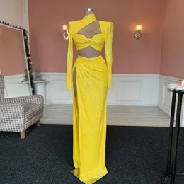 Fashion Yellow Prom Dress Sequined Long Sleeve High Side Split Sexy Evening Dresses Formal Occasion Gowns Vestidos Para Eventos Especiales