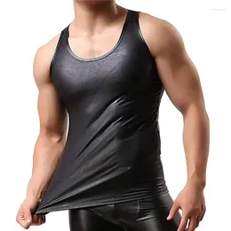 Erkek tank üstleri erkekler seksi yumuşak patent deri yelek parlak fitted tshirt erkekler