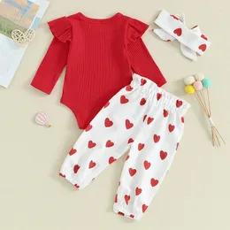Kleidungssets Mein erster Valentinstag Baby Mädchen Outfit Rüschen Langarm Strampler Herzdruck Haremshose mit Hut Stirnband Set