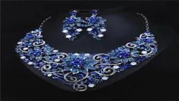 Brillant bleu couleurs fleur bijoux 2 pièces ensembles collier boucles d'oreilles bijoux de mariée accessoires de mariée bijoux de mariage T2212769699673