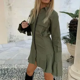 Vestidos casuales 2024 camisa vestido solapa manga larga vendaje blanco verde mujeres sexy mini una línea oficina otoño túnica moda gótica