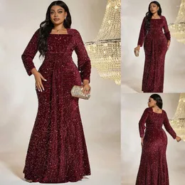 Etniska kläder plus storlek Square Collar Sequined Wine Red Shiny Autumn Long Sleeve Dress 4xl Big Elegant Party Banket