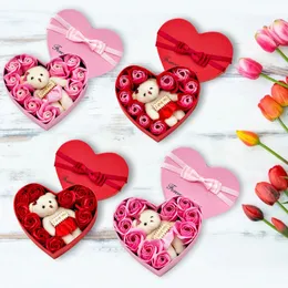 Flower Gift Box Heart Shaped Soap Boxes Valentines Day 10PCS Red Flowers Bears Rose Gifts Scented Petal With Bear 240113
