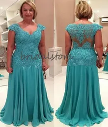 Family Turquoise Mother Of The Bride Dresses Floor Length Chiffon Groom Mother Party Gowns V Neck Lace Long Plus Size Mother Dress7272707