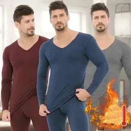 Herren Thermo-Unterwäsche Herren Lange Unterhosen 2 Stück Nahtlos Plus Samt V-Ausschnitt Hose Anzug Hemd grundiert 2024 Herbst Winter