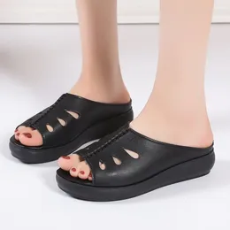 Slippers Women Beach Summer Korean Style Mum Hollow Solid Colour Sandals Soft Sole Non-slip Thick Bottom Shoes Sapatos Femininos