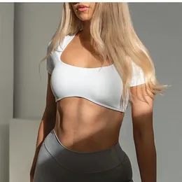 Fitness Bra Short Sleeve Simple Shockproof Sports Curved Hem Yoga Shirt Slim Fit Crop Top Run Gym Shirts Women Active Wear 240113