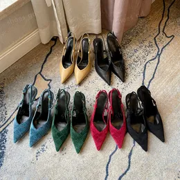 Yeni kadife jakard örgü sivri ayak parmakları slingback pompalar ayakkabı stiletto topuklar sandalet 8.5cm kadın yüksek topuklu sandaletler buzağı cildi lüks tasarımcı elbise ayakkabı kutu ile