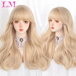 Lm lång naturlig vågig platinblond med bangs cosplay party lolita syntetic för kvinnor värmebeständig fiber 240113