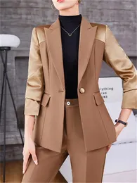 Damen Zweiteilige Hose Vintage Damenanzüge Bürosets 2024 Mode Kerb Single Button Patchwork Blazer Lässige Hose mit hoher Taille