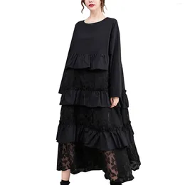 Lässige Kleider, übergroßes langärmliges Damenkleid, schwarzes Blumennetz, Fransen und halbformelle Gürtel für Damen