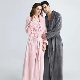 Women Long Plus Size Winter Warm Coral Fleece Bathrobe Men Flannel Bath Robe Kimono Spa Bride Dressing Gown Cozy Sleepwear 240113
