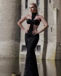 Sukienki swobodne czarne modne kobiety kantar wycięcia crossover Ruched brokat maxi luksusowa cekinowa cekinowa formalna suknia wieczorowa suknia wieczorowa
