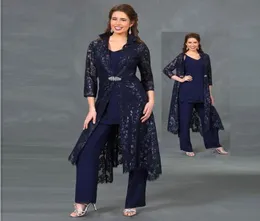 Marineblaue Spitze-Hosenanzüge für die Brautmutter mit V-Ausschnitt und langen Jacken, Hochzeitsgastkleid, Plus-Size-Chiffon-Mutter-Bräutigam-Kleider6176195