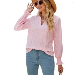 Женские блузки 2024, весенняя однотонная рубашка с v-образным вырезом и полыми рукавами в виде листьев лотоса, свободная рубашка с длинными рукавами, топ, женский повседневный пуловер, блузка
