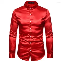 Mäns casual skjortor herrar rött siden som satin klänning mandarin krage smal fit män smoking skjorta fest bröllop prom manlig disco