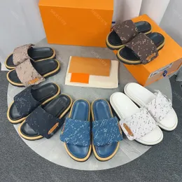 Denim tofflor designers sandaler kvinnor skor 2024 nya mockasins scuffs glider strandsko bekväma kvinnliga män par platt häl toffel berömd designer sko