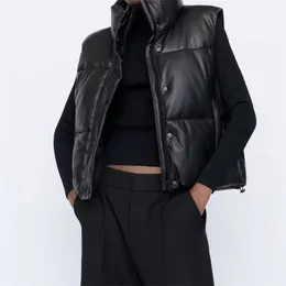 Moda streetwear mulheres inchado colete inverno grosso parkas jaqueta preto plutônio feminino casacos de couro falso para baixo colete solto senhora 240113