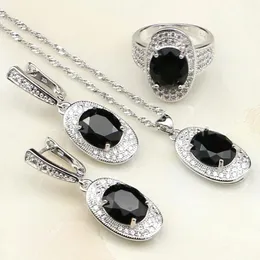 Collane Sterling Sier Gioielli Nero Cubic Zirconia Pietre bianche Set di gioielli per le donne Orecchini da sposa/anello/pendente/collana