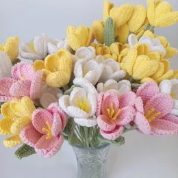 Flores decorativas mão de malha tulipa lã artificial crochê simulação buquê casa decoração casamento diy presente caseiro para namorada