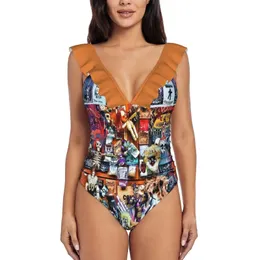 Wear Zombie'S House Of Voodoo Sexy Maiô de uma peça Mulheres Babados Swimwear Mulheres Impressão Monokini Feminino Beachwear Crânios Esqueleto