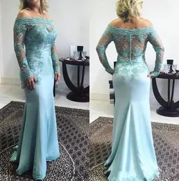 2020 Turquoise Mermaid Mother Of The Bride Dresses Off Shoulder Lace Appliques Long Sleeves Plus Size Party Dress Wedding Gues4469625